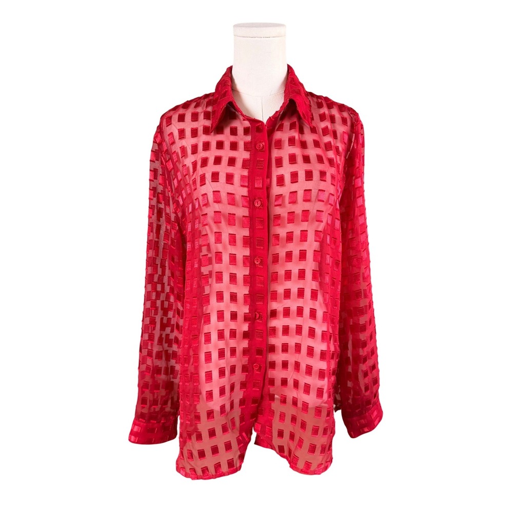 Notations Red Sheer Grid Textured Button Up Blouse Shirt Large